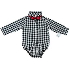 Carter's 9M Baby Infant Boys Black White Plaid Long Sleeve Bodysuit Red Bow Tie